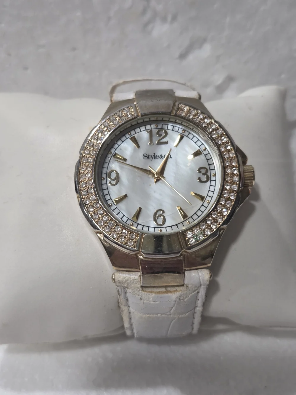 Style&co Gold-Tone Crystal Bezel Watch with White Strap